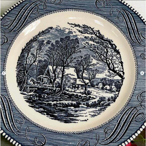 Vintage Currier & Ives Old Grist Mill Blue Transferware Dinner Plate Royal Ohio - Picture 2 of 6